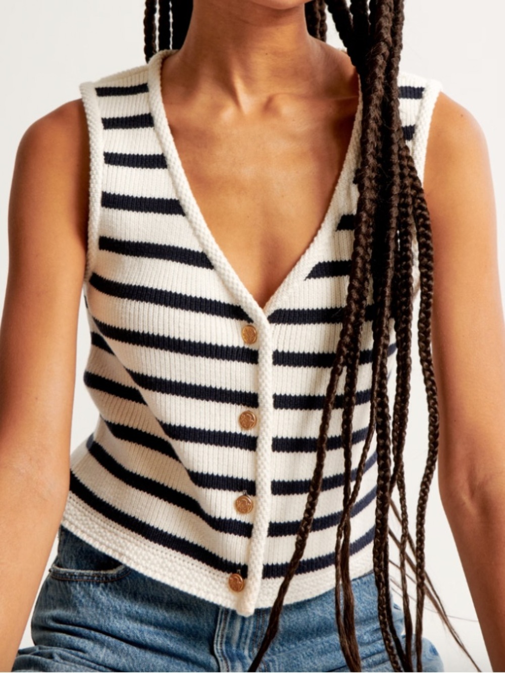 Abercrombie & Fitch Cream and Navy Striped Button Cotton Blend Sweater Vest L